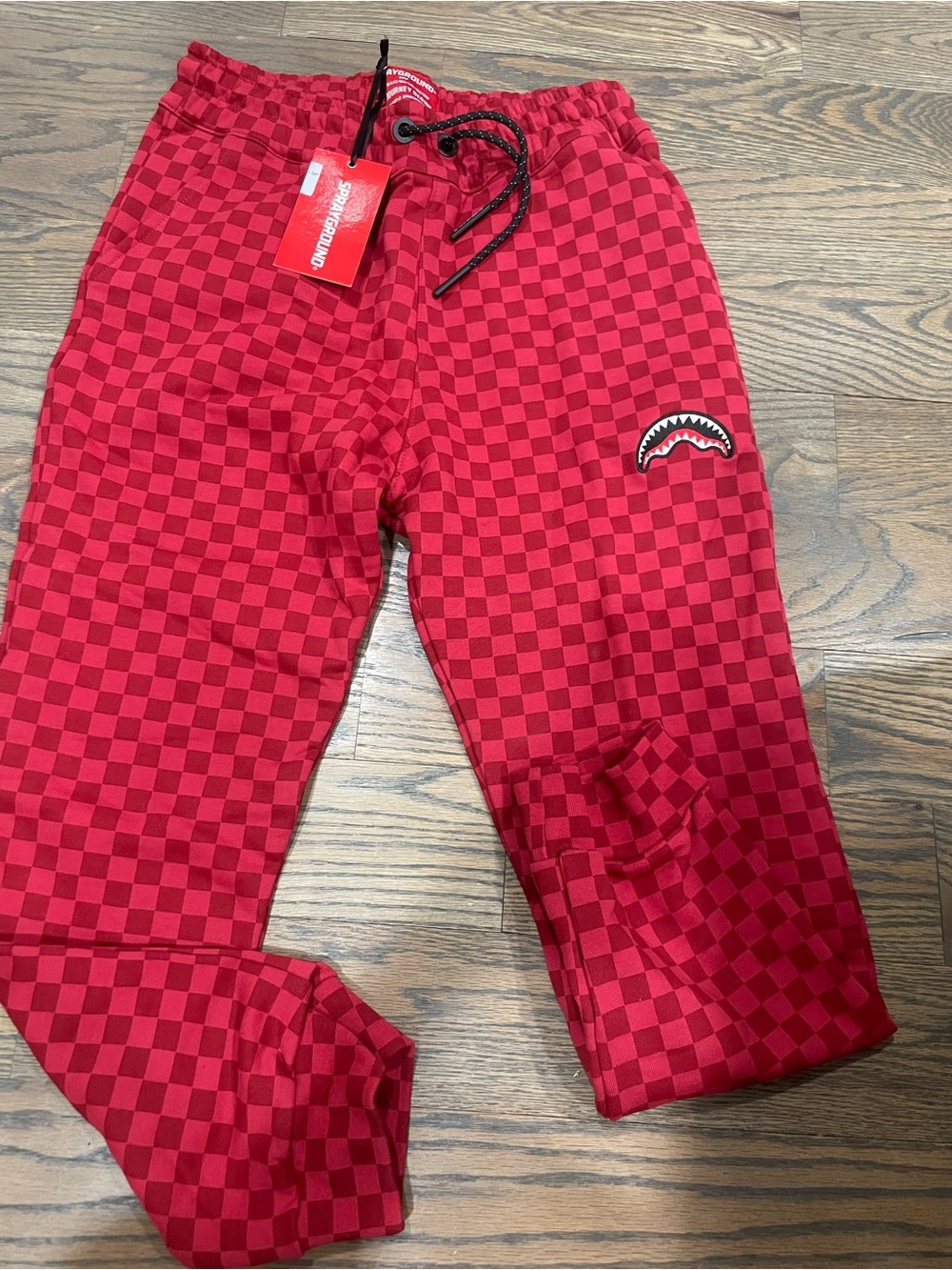 NWT Sprayground Red Checkerboard Joggers with Shark Patch